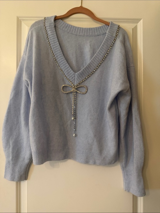 Express Sweaters - Express V-Neck Light Blue Sweater with Rhinestone Bow Accent